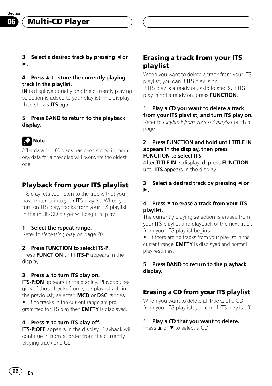 Playback from your its playlist 22, Erasing a track from your its, Playlist 22 | Erasing a cd from your its, Multi-cd player, Playback from your its playlist, Erasing a track from your its playlist, Erasing a cd from your its playlist | Pioneer DEH-P2500 User Manual | Page 22 / 104