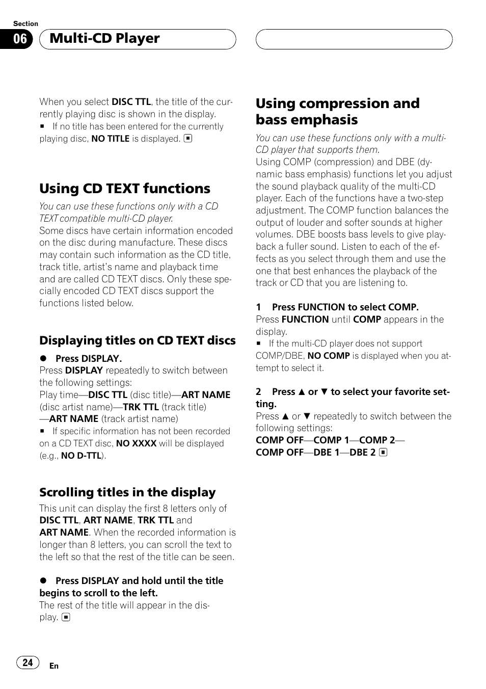 Using cd text functions 24, Displaying titles on cd text, Discs 24 | Scrolling titles in the display 24, Using compression and bass emphasis 24, Using cd text functions, Using compression and bass emphasis, Multi-cd player | Pioneer DEH-P2500 User Manual | Page 24 / 104