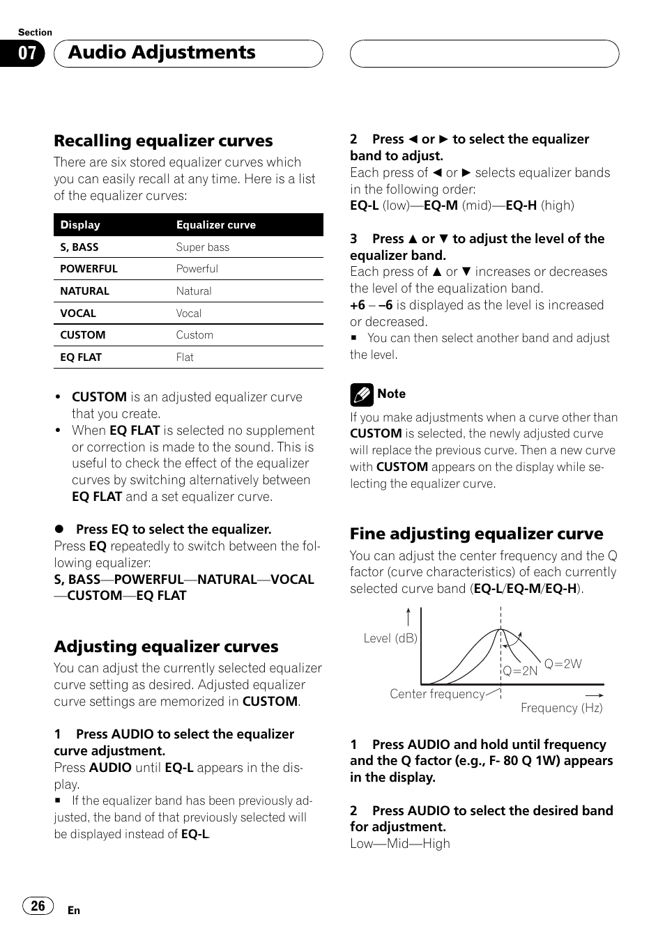 Recalling equalizer curves 26, Adjusting equalizer curves 26, Fine adjusting equalizer curve 26 | Audio adjustments, Recalling equalizer curves, Adjusting equalizer curves, Fine adjusting equalizer curve | Pioneer DEH-P2500 User Manual | Page 26 / 104