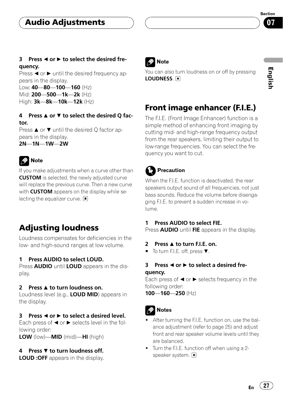 Adjusting loudness, Front image enhancer (f.i.e.), Audio adjustments | Pioneer DEH-P2500 User Manual | Page 27 / 104