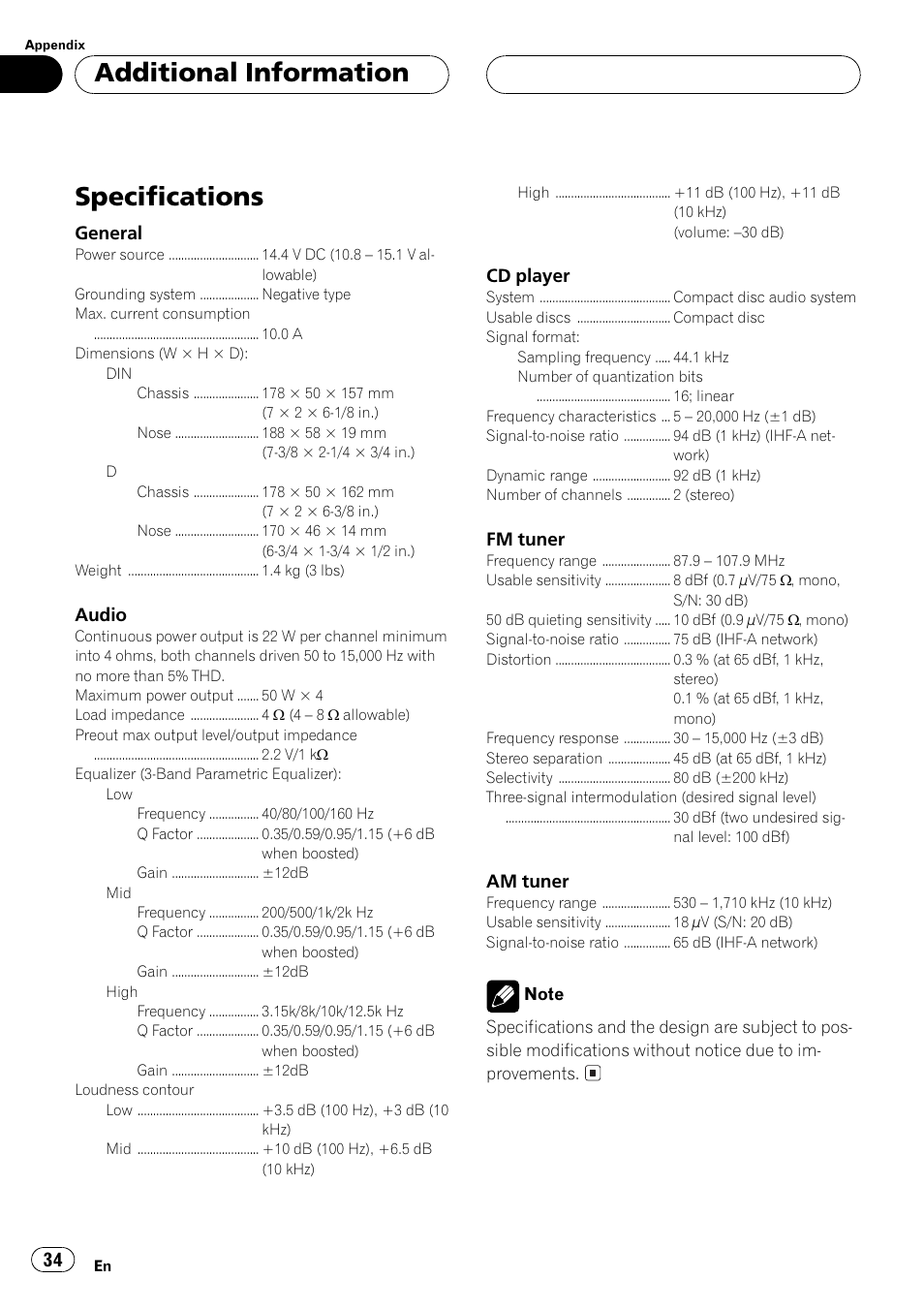 Specifications 34, Specifications, Additional information | Pioneer DEH-P2500 User Manual | Page 34 / 104
