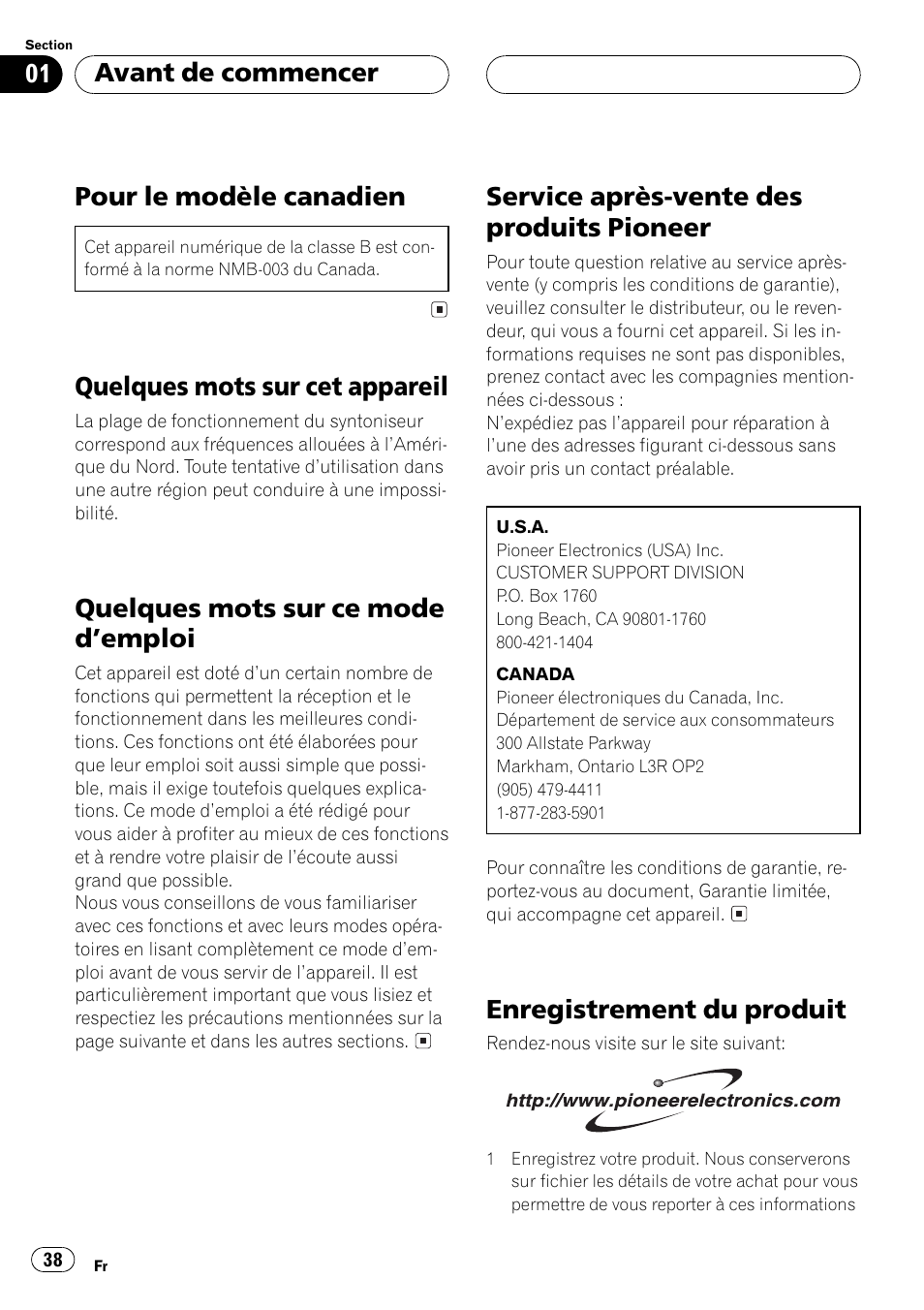 Avant de commencer pour le modèle canadien 38, Quelques mots sur cet appareil 38, Quelques mots sur ce mode demploi 38 | Service après-vente des produits pioneer 38, Enregistrement du produit 38, Pour le modèle canadien, Quelques mots sur cet appareil, Quelques mots sur ce mode demploi, Service après-vente des produits pioneer, Enregistrement du produit | Pioneer DEH-P2500 User Manual | Page 38 / 104
