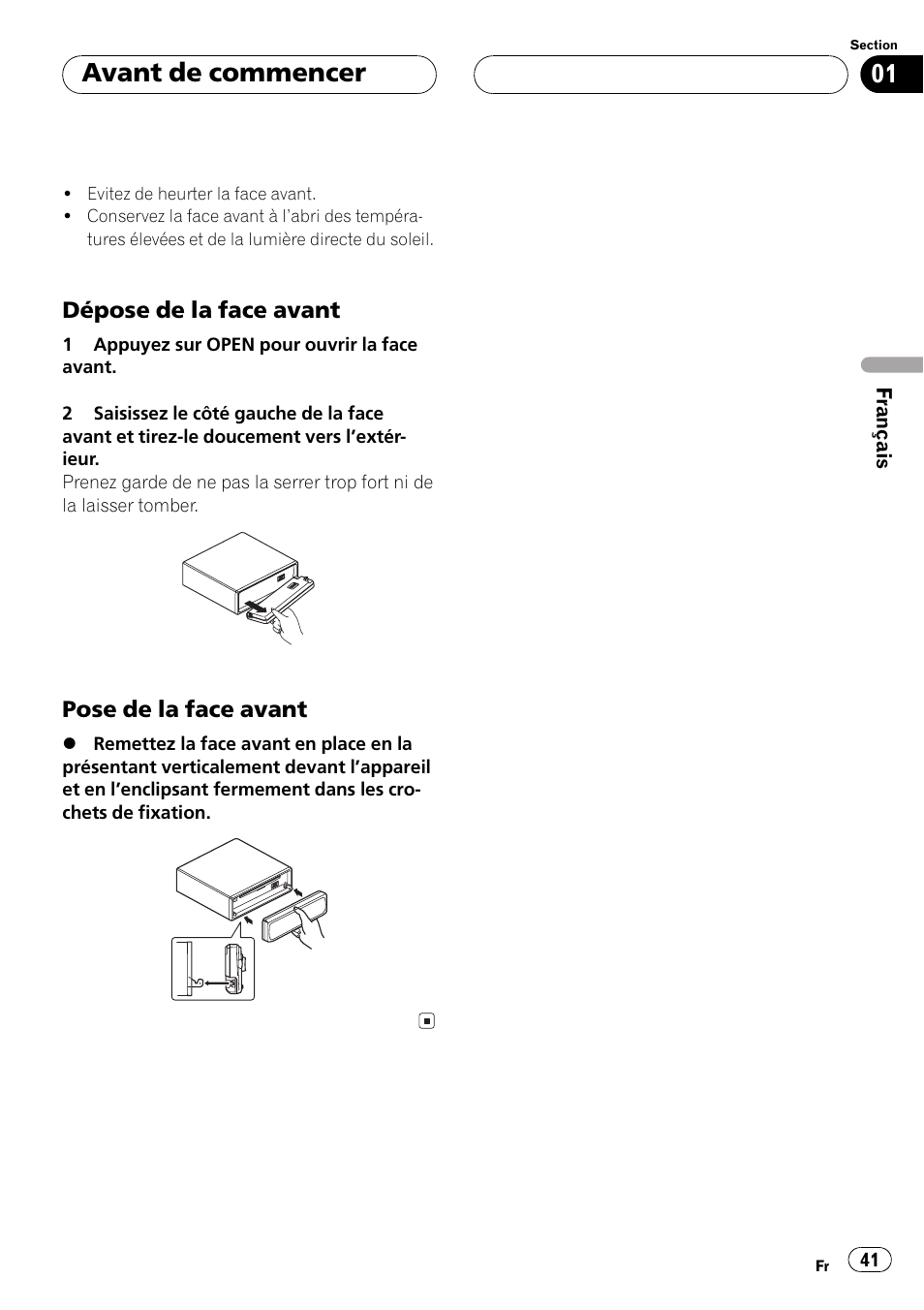 Dépose de la face avant 41, Pose de la face avant 41, Avant de commencer | Pioneer DEH-P2500 User Manual | Page 41 / 104