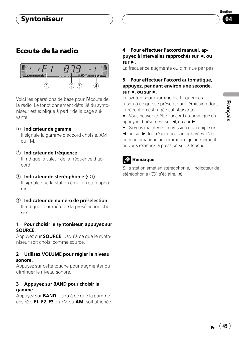 Syntoniseur, Ecoute de la radio 45, Ecoute de la radio | Pioneer DEH-P2500 User Manual | Page 45 / 104