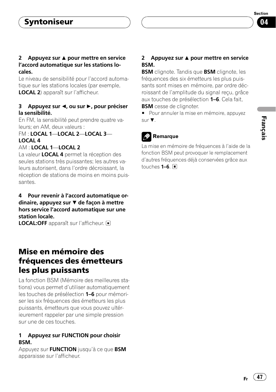 Mise en mémoire des fréquences des, Émetteurs les plus puissants 47, Syntoniseur | Pioneer DEH-P2500 User Manual | Page 47 / 104