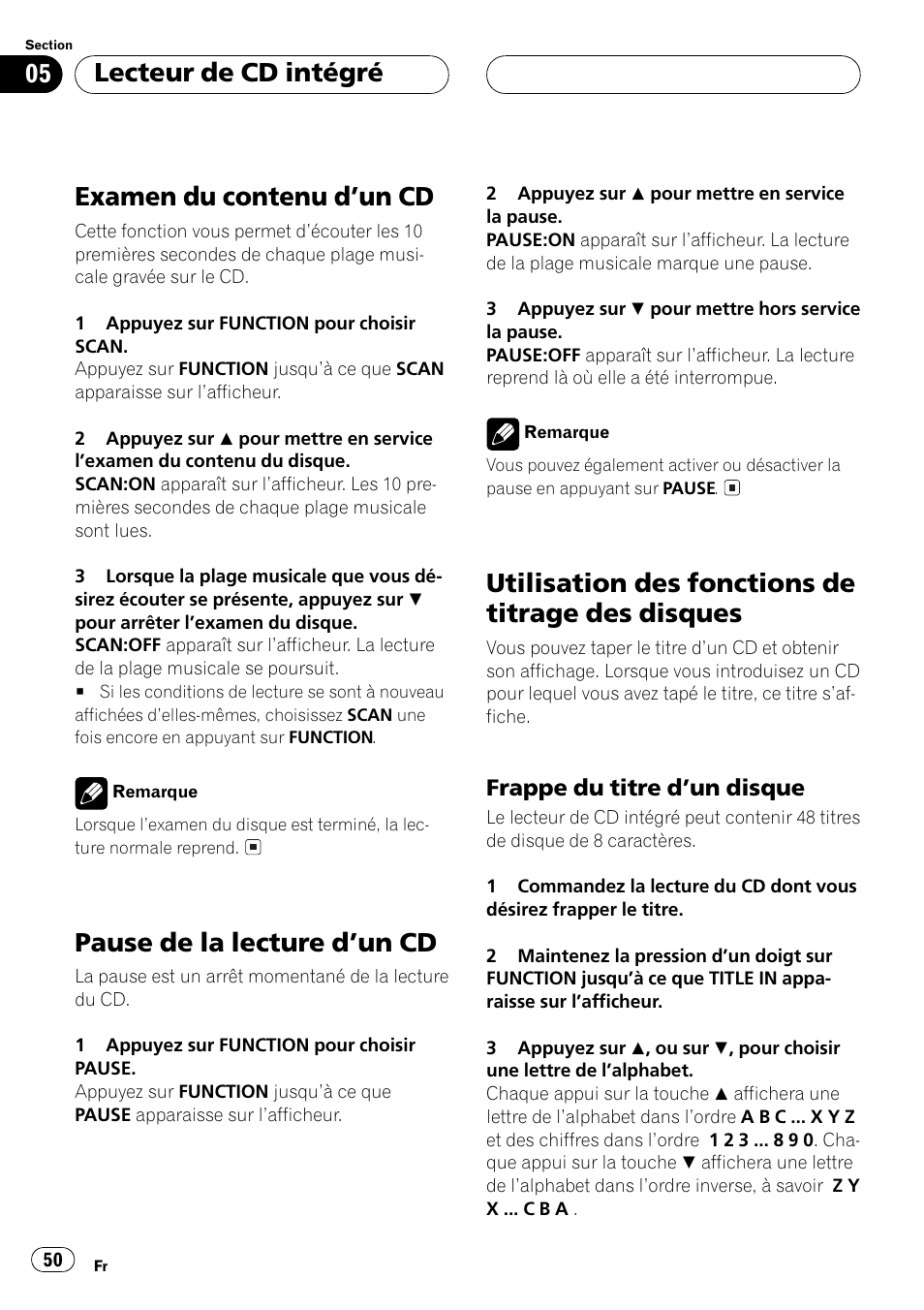 Examen du contenu dun cd 50, Pause de la lecture dun cd 50, Utilisation des fonctions de titrage des | Disques 50, Frappe du titre dun disque 50, Examen du contenu dun cd, Pause de la lecture dun cd, Utilisation des fonctions de titrage des disques, Lecteur de cd intégré | Pioneer DEH-P2500 User Manual | Page 50 / 104