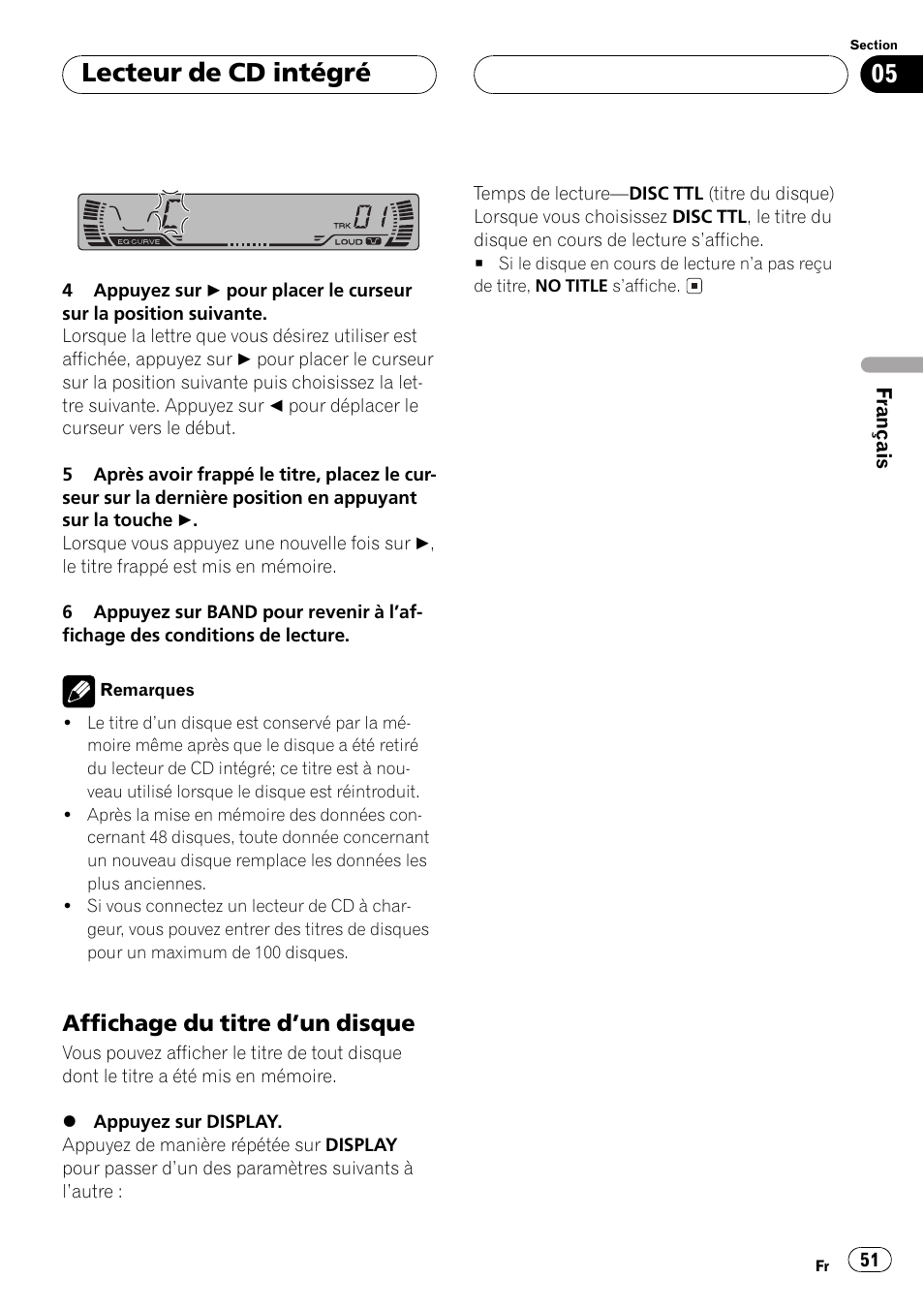 Affichage du titre dun disque 51, Lecteur de cd intégré, Affichage du titre dun disque | Pioneer DEH-P2500 User Manual | Page 51 / 104