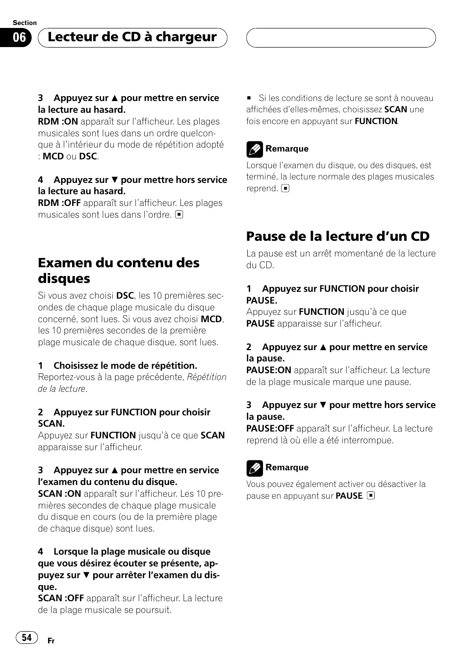 Examen du contenu des disques 54, Pause de la lecture dun cd 54, Examen du contenu des disques | Pause de la lecture dun cd, Lecteur de cd à chargeur | Pioneer DEH-P2500 User Manual | Page 54 / 104