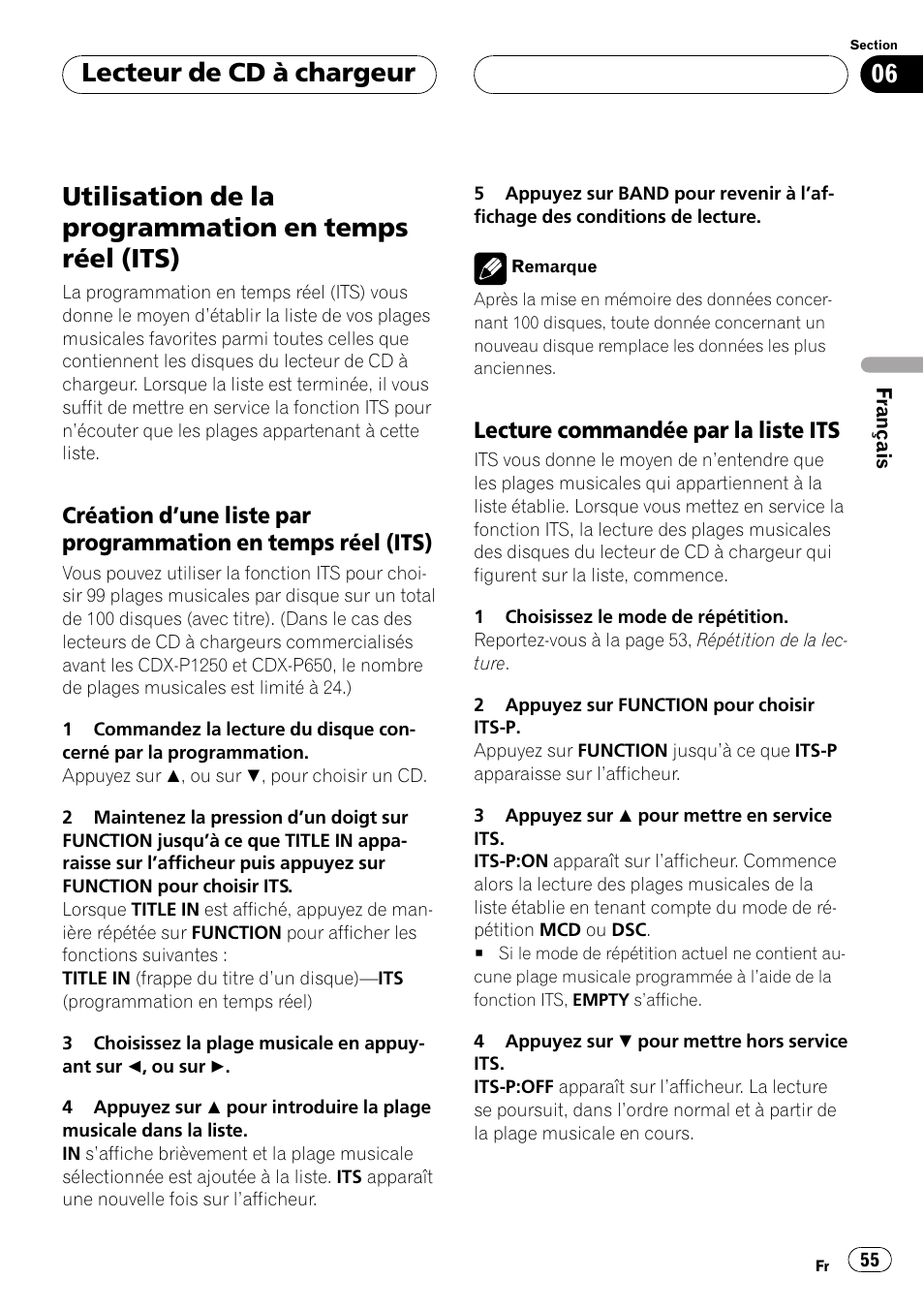 Utilisation de la programmation en temps, Réel (its) 55, Création dune liste par | Programmation en temps réel (its) 55, Lecture commandée par la liste, Its 55, Lecteur de cd à chargeur | Pioneer DEH-P2500 User Manual | Page 55 / 104