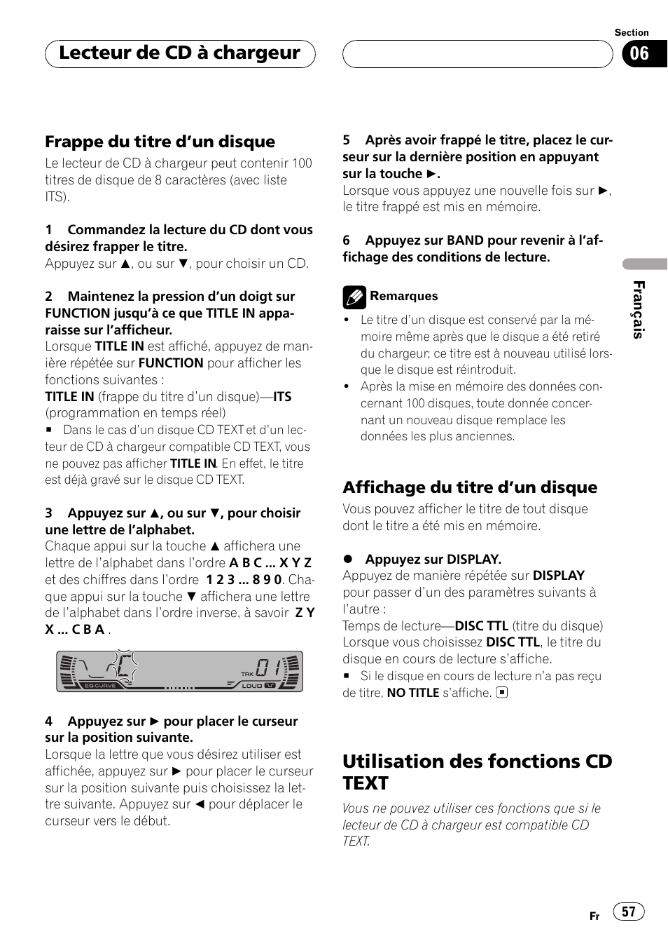 Frappe du titre dun disque 57, Affichage du titre dun disque 57, Utilisation des fonctions cd text 57 | Utilisation des fonctions cd text, Lecteur de cd à chargeur, Frappe du titre dun disque, Affichage du titre dun disque | Pioneer DEH-P2500 User Manual | Page 57 / 104