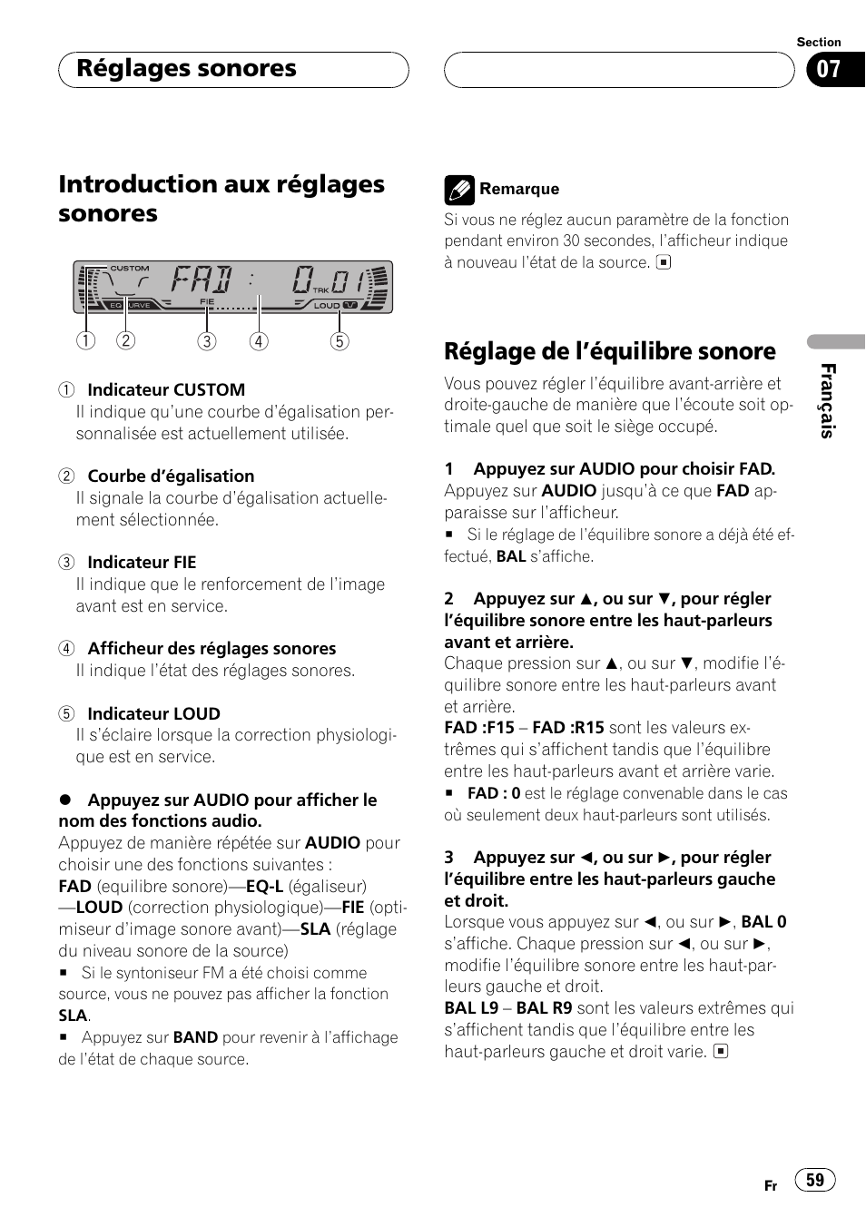 Réglages sonores, Introduction aux réglages sonores 59, Réglage de léquilibre sonore 59 | Introduction aux réglages sonores, Réglage de léquilibre sonore | Pioneer DEH-P2500 User Manual | Page 59 / 104