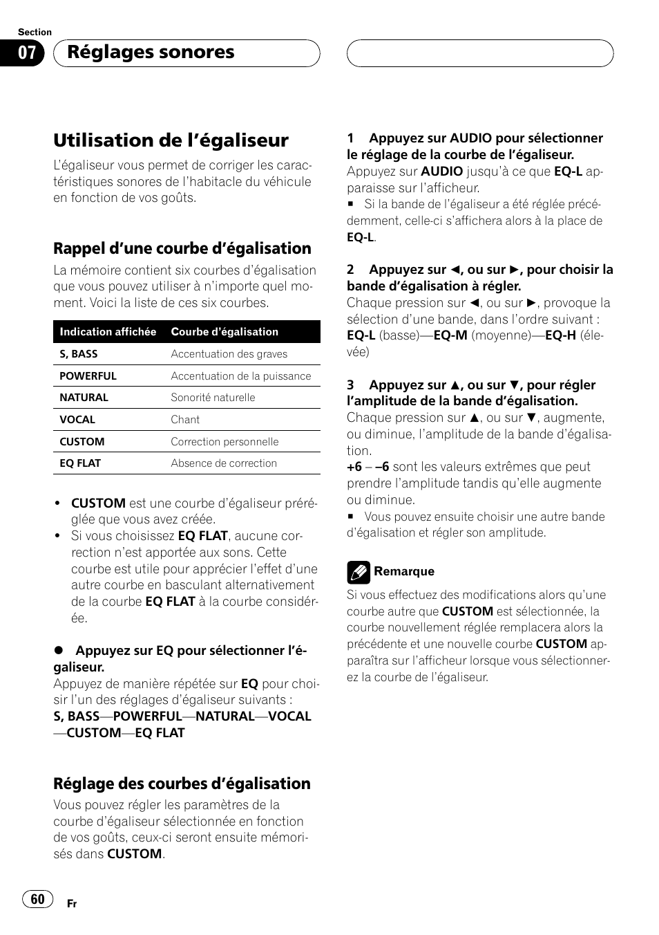 Utilisation de légaliseur 60, Rappel dune courbe, Dégalisation 60 | Réglage des courbes, Utilisation de légaliseur, Réglages sonores, Rappel dune courbe dégalisation, Réglage des courbes dégalisation | Pioneer DEH-P2500 User Manual | Page 60 / 104