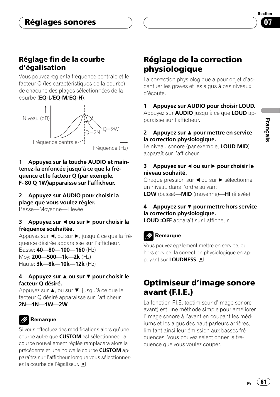 Réglage fin de la courbe, Dégalisation 61, Réglage de la correction physiologique 61 | Optimiseur dimage sonore avant (f.i.e.) 61, Réglage de la correction physiologique, Optimiseur dimage sonore avant (f.i.e.), Réglages sonores | Pioneer DEH-P2500 User Manual | Page 61 / 104