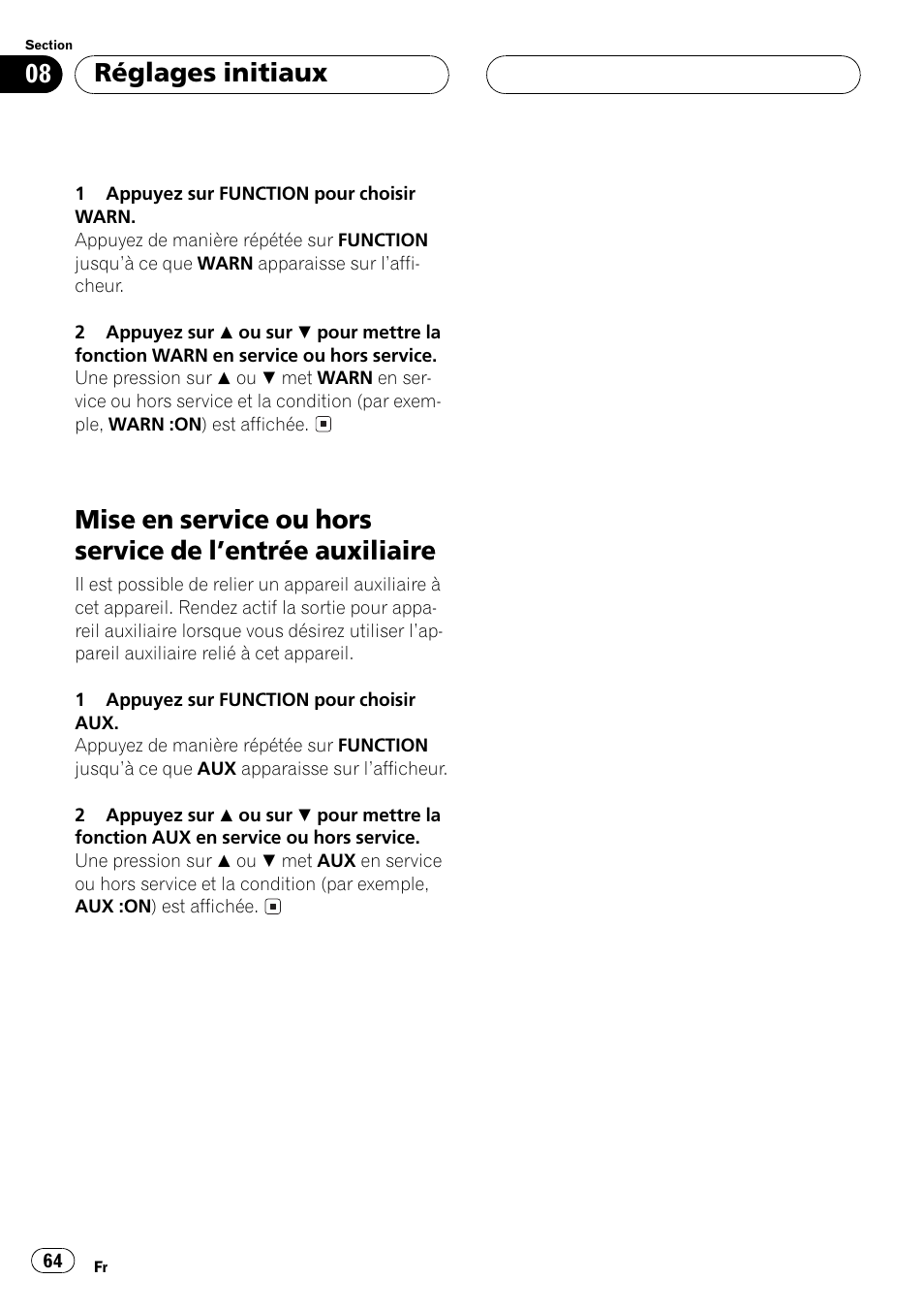 Mise en service ou hors service de lentrée, Auxiliaire 64, Réglages initiaux | Pioneer DEH-P2500 User Manual | Page 64 / 104