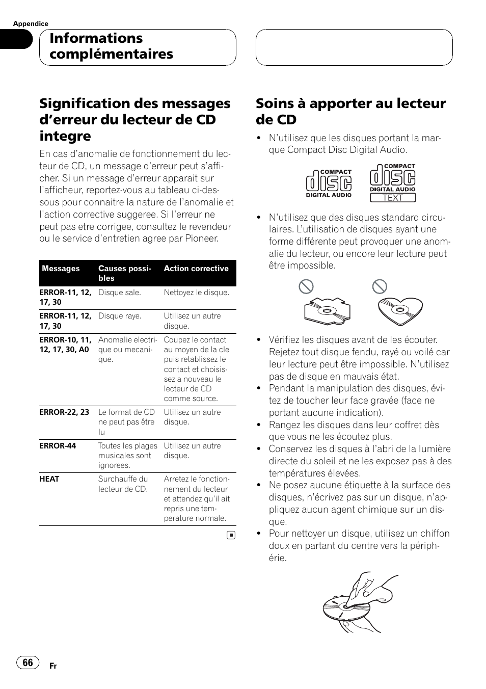 Informations complémentaires, Signification des messages derreur du, Lecteur de cd integre 66 | Soins à apporter au lecteur de cd 66, Soins à apporter au lecteur de cd | Pioneer DEH-P2500 User Manual | Page 66 / 104