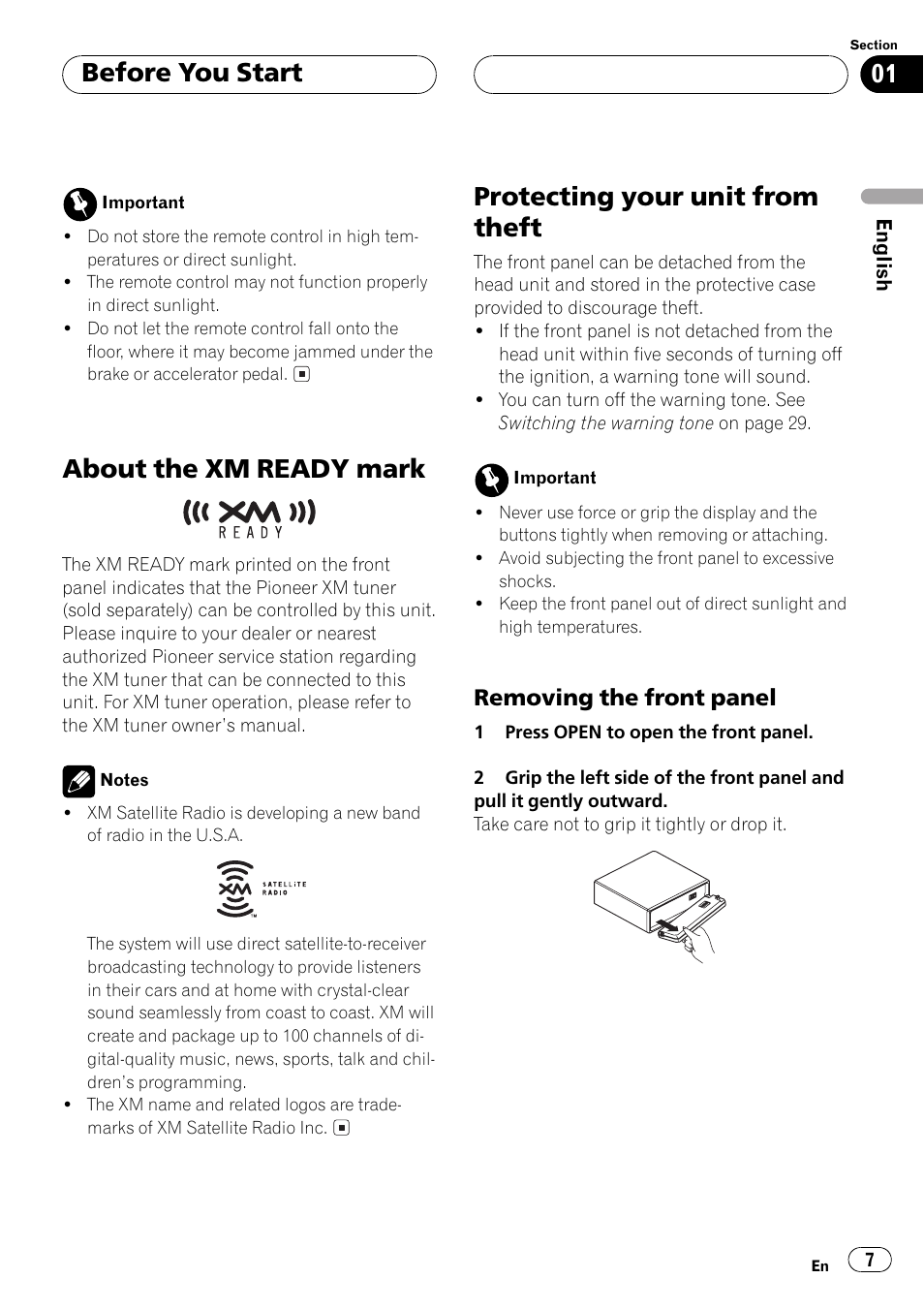 Removing the front panel 7, About the xmready mark, Protecting your unit from theft | Before you start, Removing the front panel | Pioneer DEH-P2500 User Manual | Page 7 / 104