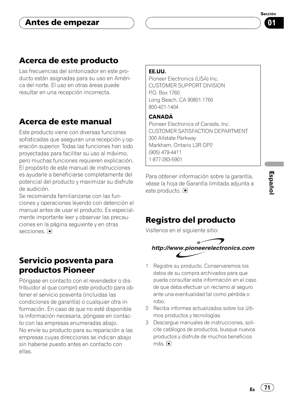 Antes de empezar acerca de este producto 71, Acerca de este manual 71, Servicio posventa para productos | Pioneer 71, Registro del producto 71, Acerca de este producto, Acerca de este manual, Servicio posventa para productos pioneer, Registro del producto, Antes de empezar | Pioneer DEH-P2500 User Manual | Page 71 / 104