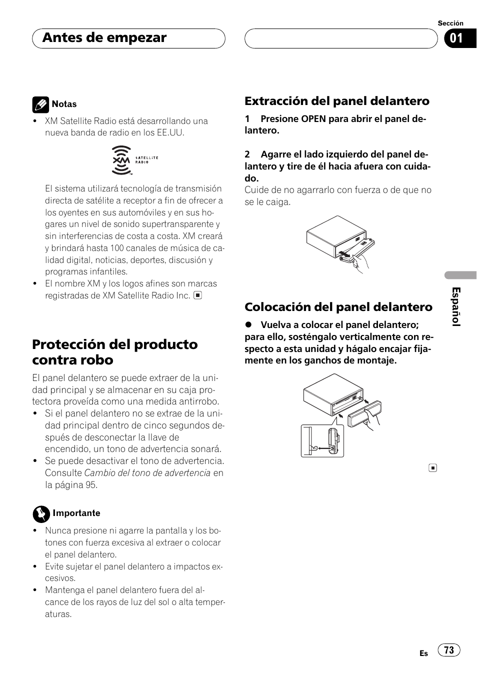 Protección del producto contra robo 73, Extracción del panel delantero 73, Colocación del panel delantero 73 | Protección del producto contra robo, Antes de empezar | Pioneer DEH-P2500 User Manual | Page 73 / 104