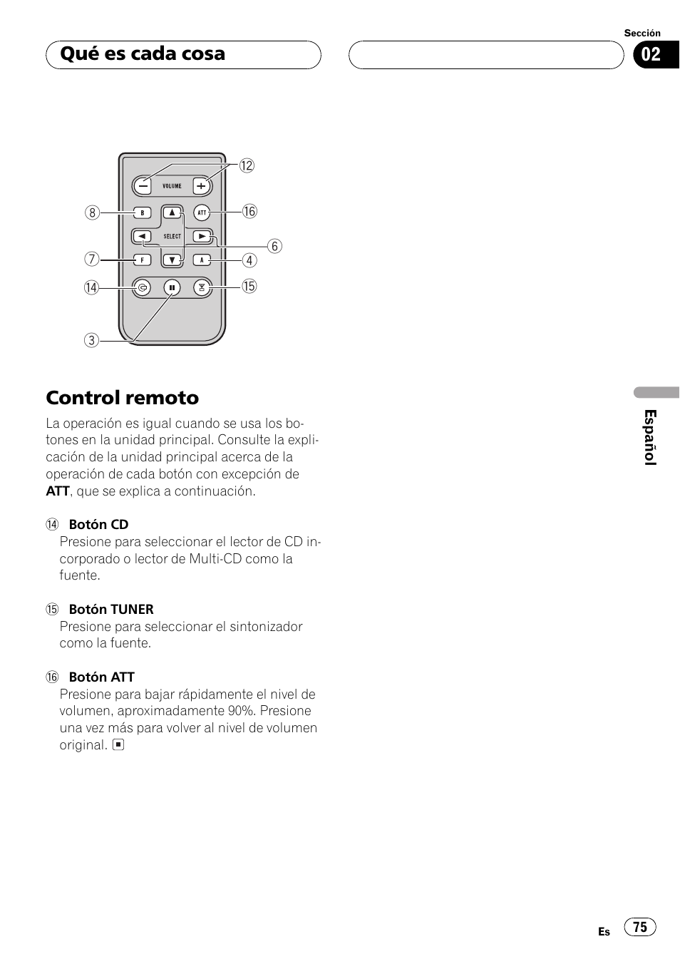 Control remoto 75, Control remoto, Qué es cada cosa | Pioneer DEH-P2500 User Manual | Page 75 / 104