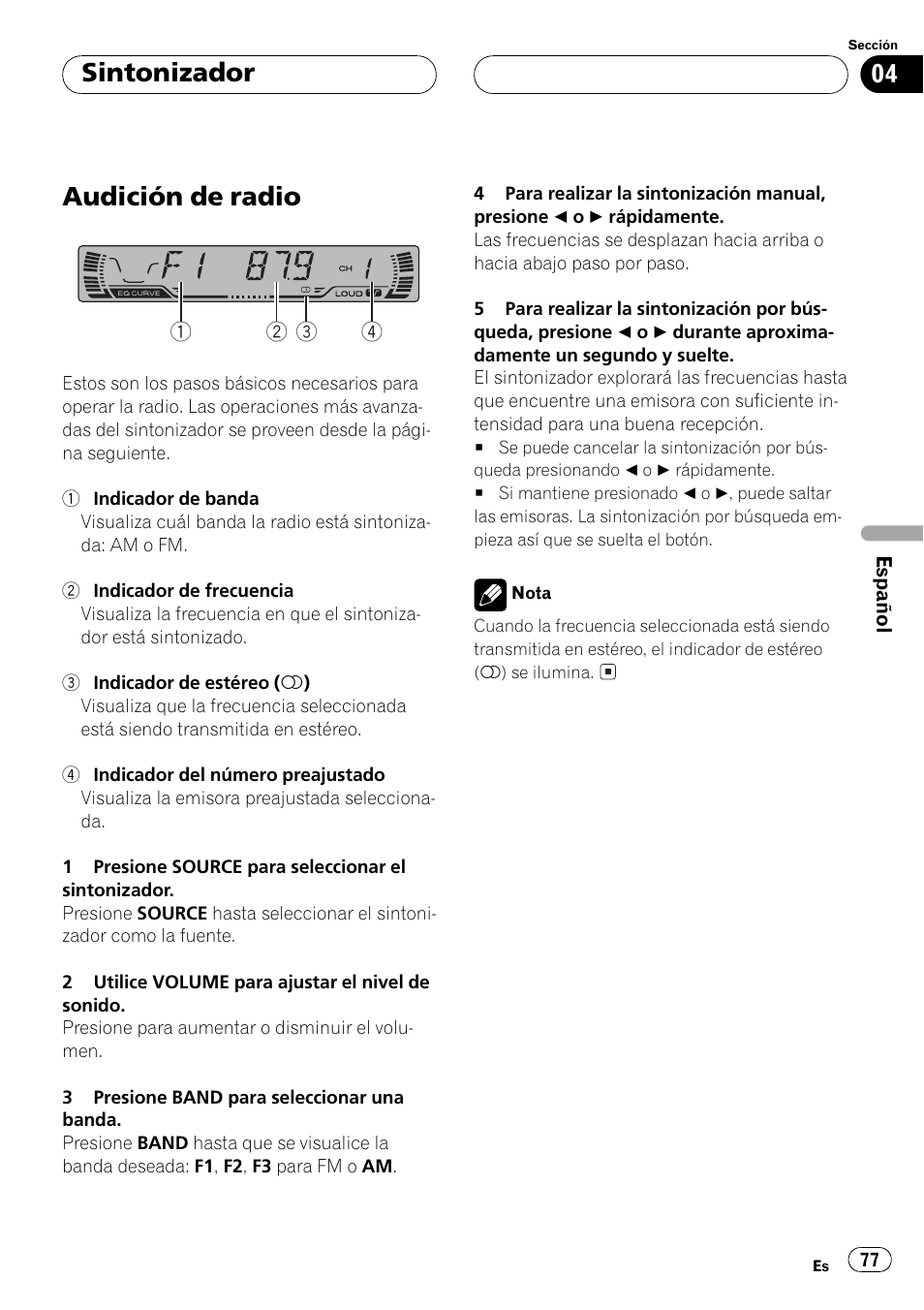 Sintonizador, Audición de radio 77, Audición de radio | Pioneer DEH-P2500 User Manual | Page 77 / 104