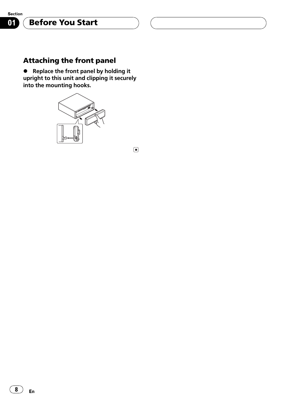 Attaching the front panel 8, Before you start | Pioneer DEH-P2500 User Manual | Page 8 / 104