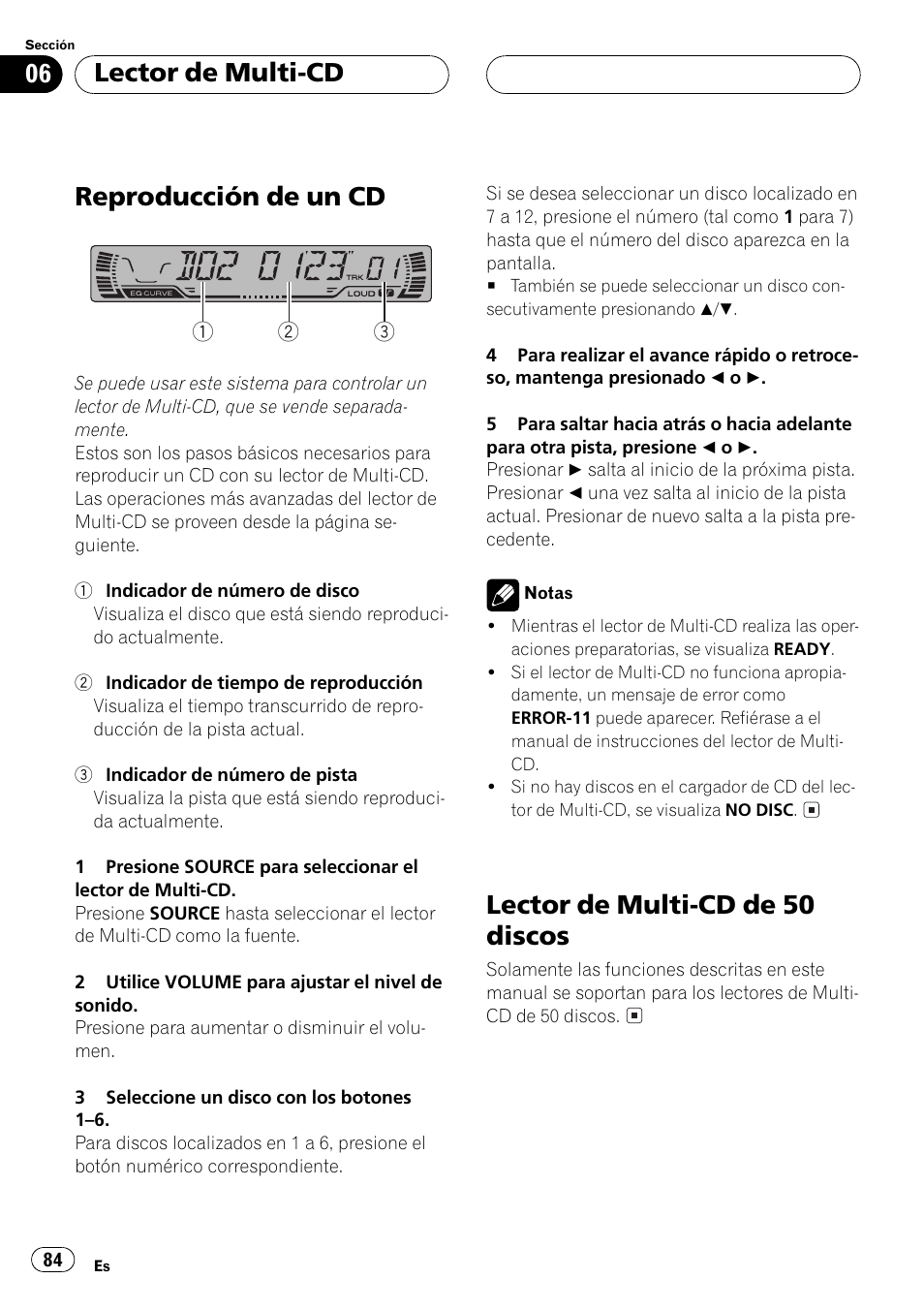 Lector de multi-cd, Reproducción de un cd 84, Lector de multi-cd de 50 discos 84 | Reproducción de un cd, Lector de multi-cd de 50 discos | Pioneer DEH-P2500 User Manual | Page 84 / 104