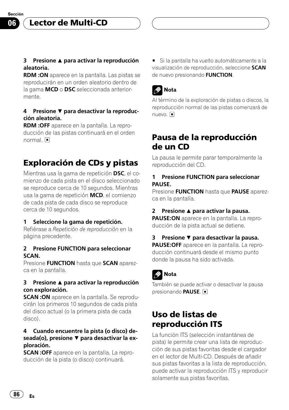 Exploración de cds y pistas 86, Pausa de la reproducción de un cd 86, Uso de listas de reproducción its 86 | Exploración de cds y pistas, Pausa de la reproducción de un cd, Uso de listas de reproducción its, Lector de multi-cd | Pioneer DEH-P2500 User Manual | Page 86 / 104