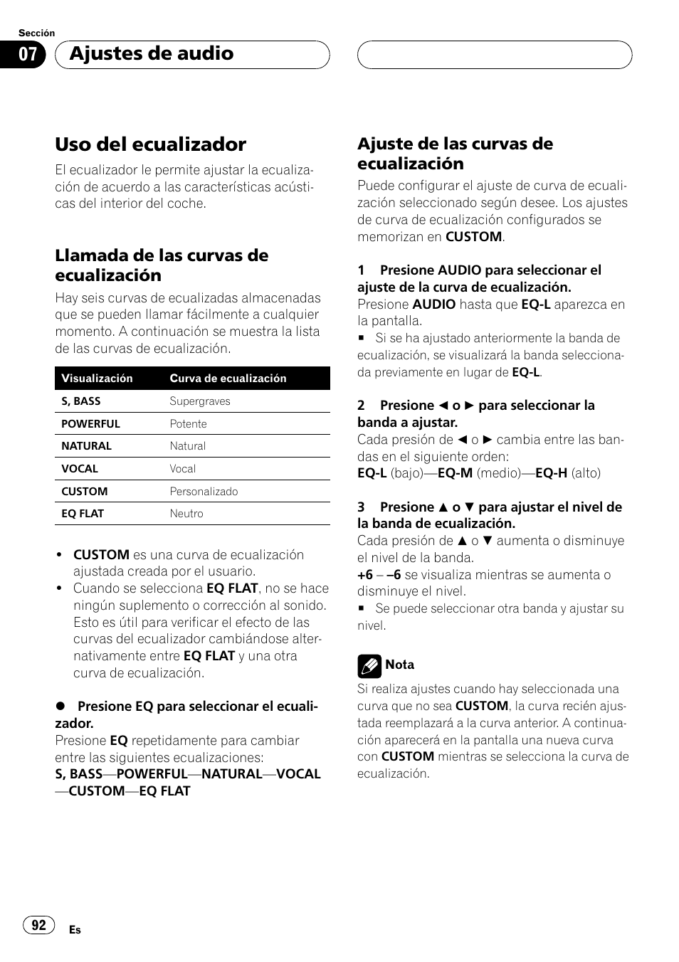 Uso del ecualizador 92, Llamada de las curvas de, Ecualización 92 | Ajuste de las curvas de, Uso del ecualizador, Ajustes de audio, Llamada de las curvas de ecualización, Ajuste de las curvas de ecualización | Pioneer DEH-P2500 User Manual | Page 92 / 104