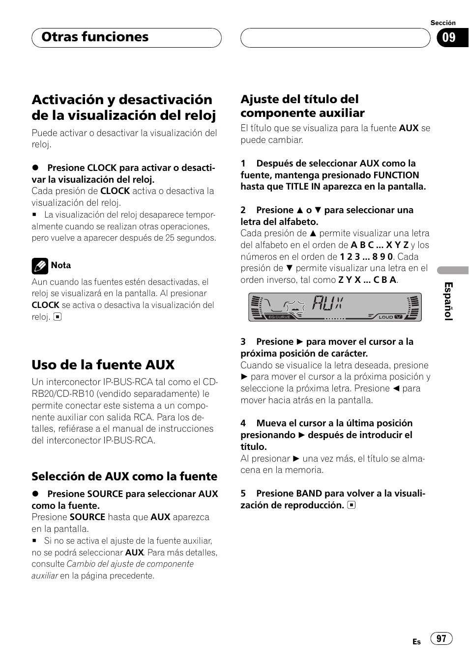 Otras funciones, Activación y desactivación de la visualización, Del reloj 97 | Uso de la fuente aux 97, Selección de aux como la fuente 97, Ajuste del título del componente, Auxiliar 97, Uso de la fuente aux | Pioneer DEH-P2500 User Manual | Page 97 / 104