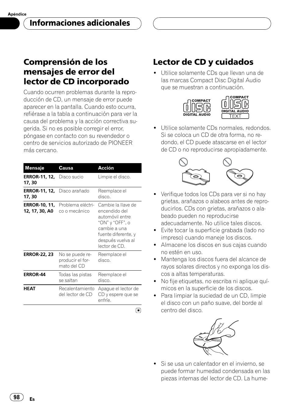 Informaciones adicionales, Comprensión de los mensajes de error del, Lector de cd incorporado 98 | Lector de cd y cuidados 98, Lector de cd y cuidados | Pioneer DEH-P2500 User Manual | Page 98 / 104