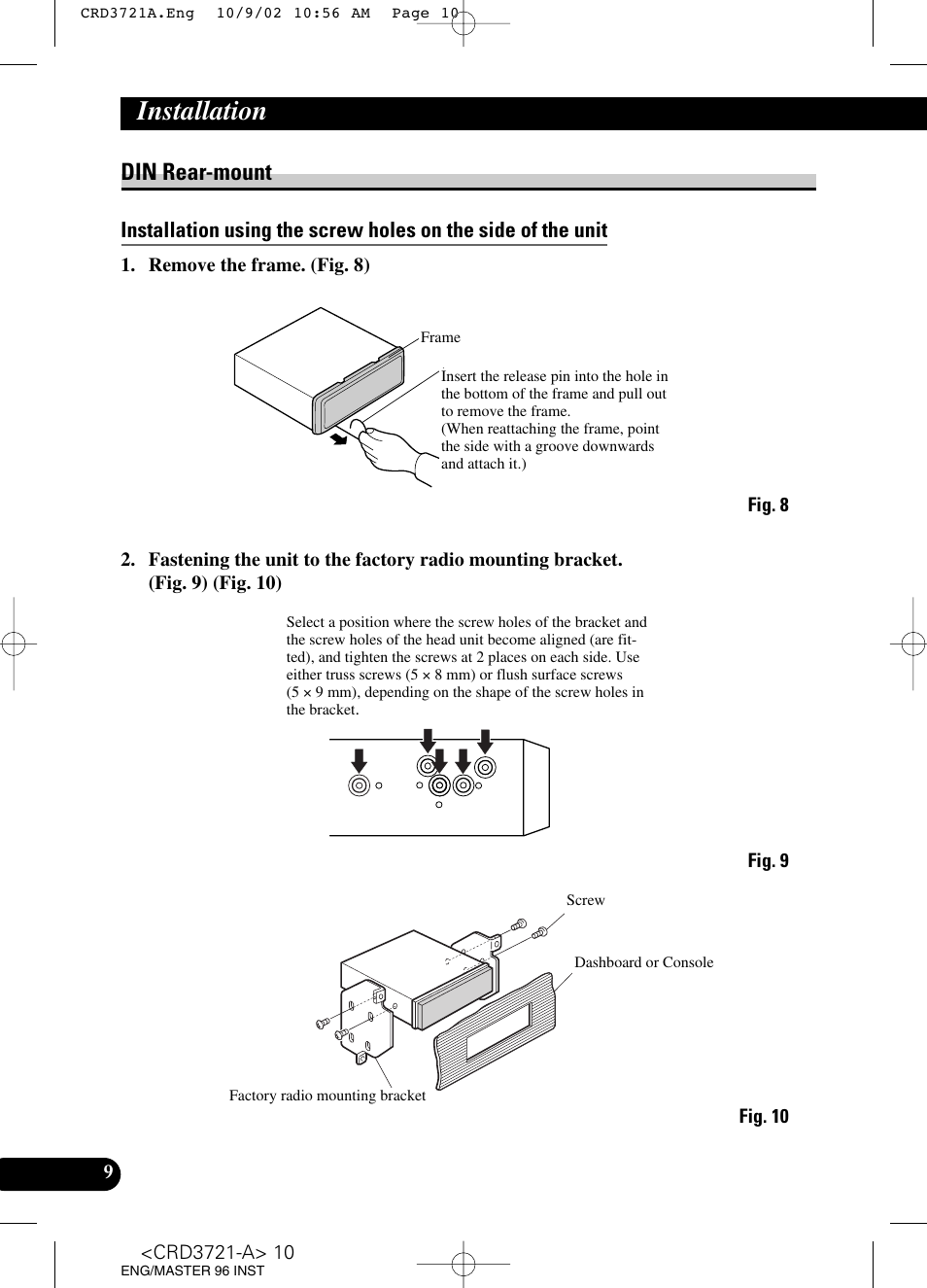 Din rear-mount, Installation | Pioneer CD Receiver DEH-P550MP User Manual | Page 10 / 40