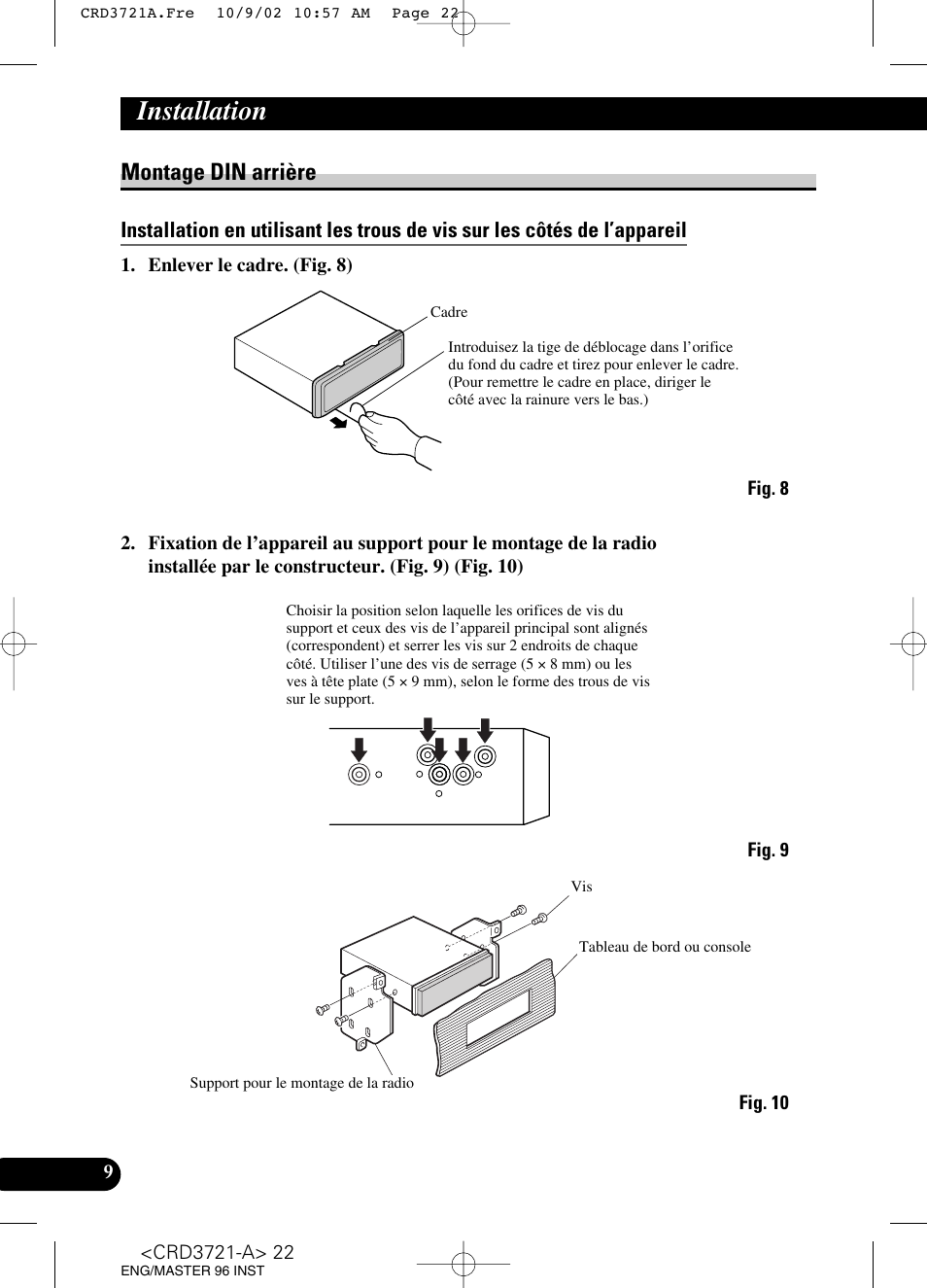 Montage din arrière, A title (english), Installation | Pioneer CD Receiver DEH-P550MP User Manual | Page 22 / 40