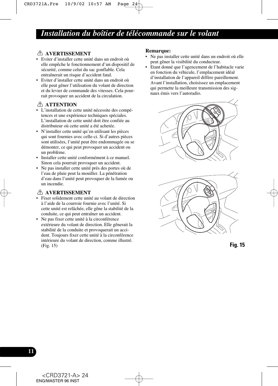 Installation du boîtier de, Télécommande sur le volant | Pioneer CD Receiver DEH-P550MP User Manual | Page 24 / 40