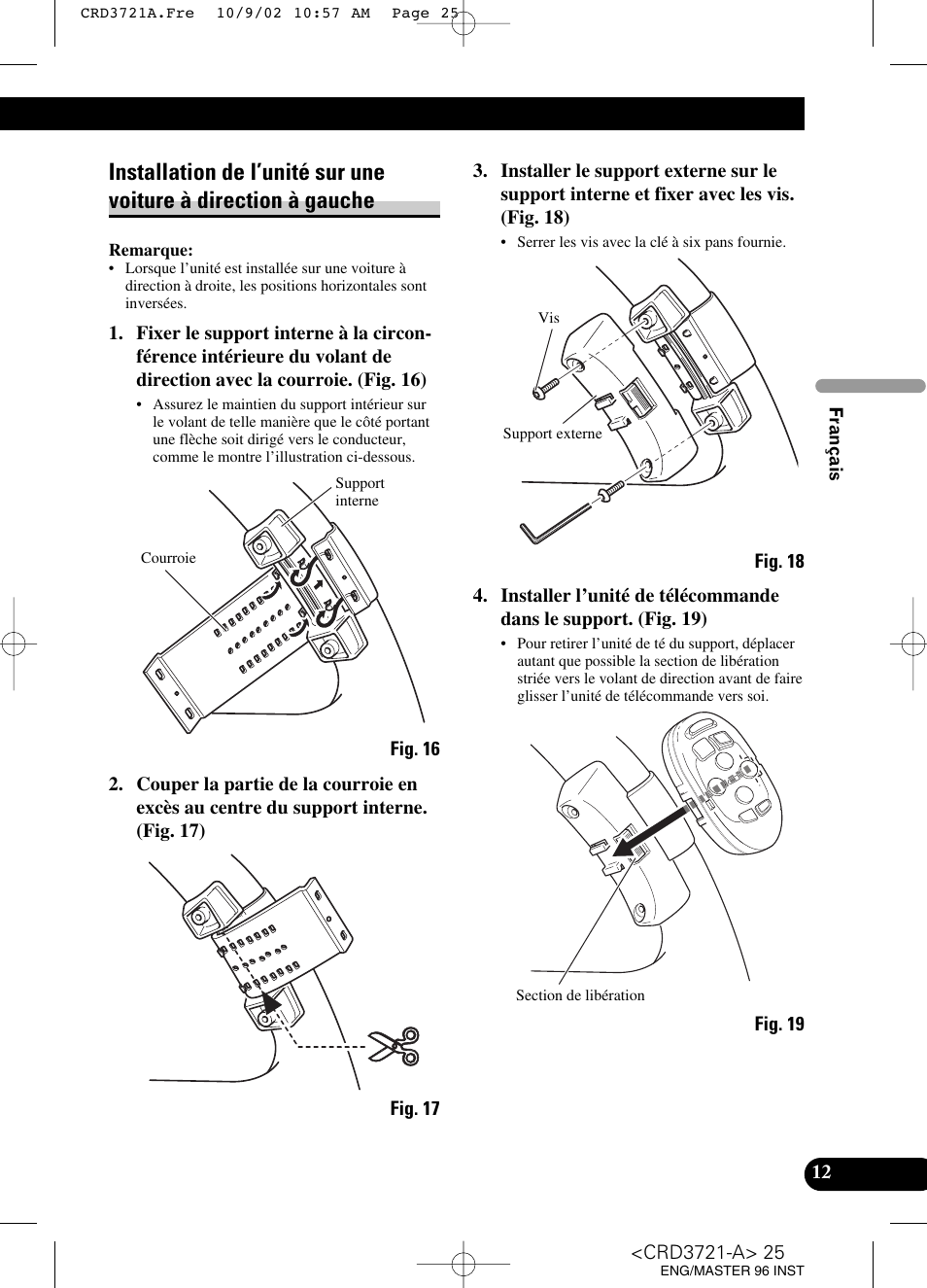 Installation de l’unité sur une voiture, À direction à gauche | Pioneer CD Receiver DEH-P550MP User Manual | Page 25 / 40