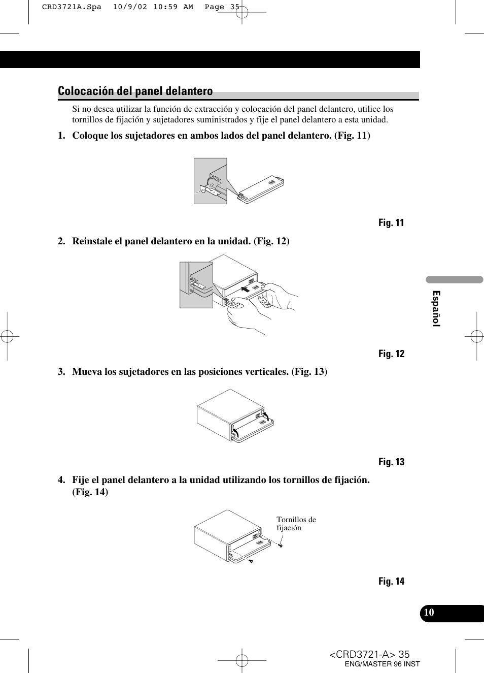 Colocación del panel delantero | Pioneer CD Receiver DEH-P550MP User Manual | Page 35 / 40