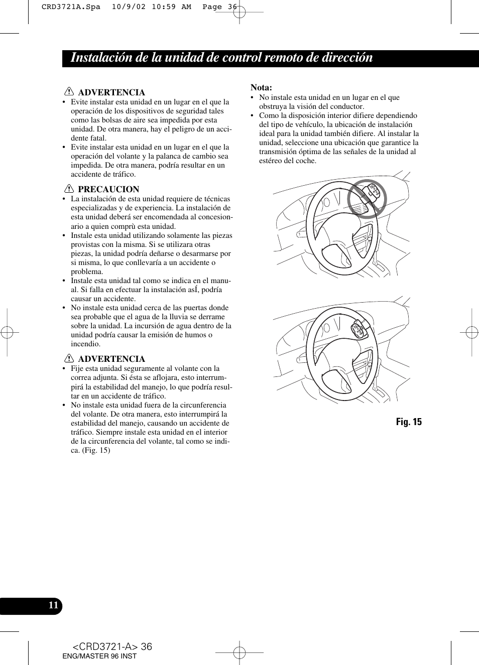 Instalación de la unidad de control, Remoto de dirección | Pioneer CD Receiver DEH-P550MP User Manual | Page 36 / 40