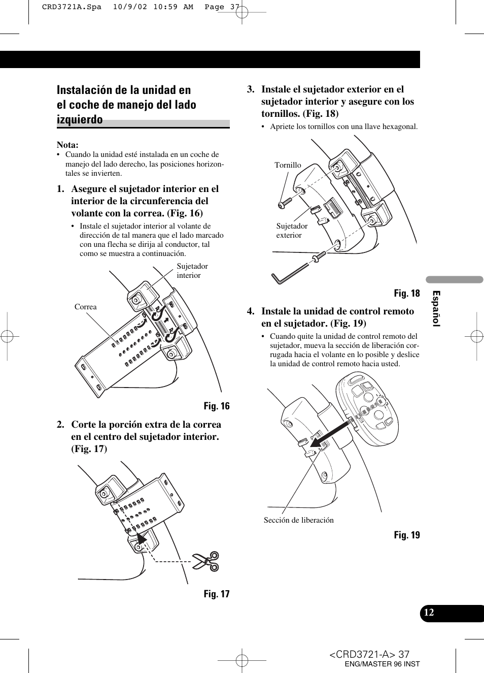 Instalación de la unidad en, El coche de manejo del lado izquierdo | Pioneer CD Receiver DEH-P550MP User Manual | Page 37 / 40