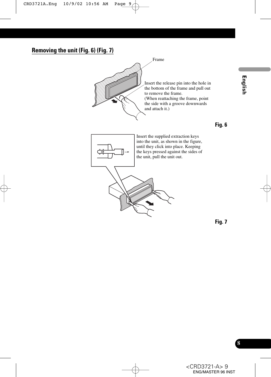 A title (english), Removing the unit (fig. 6) (fig. 7) | Pioneer CD Receiver DEH-P550MP User Manual | Page 9 / 40