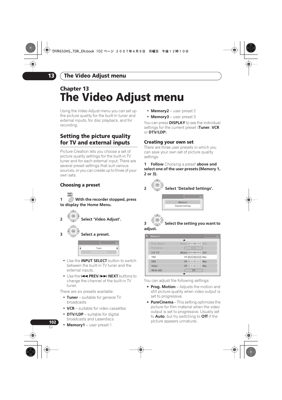 13 the video adjust menu, The video adjust menu, The video adjust menu 13 | Chapter 13, Setting the picture quality, For tv and external inputs | Pioneer DVR-650H-S User Manual | Page 102 / 134