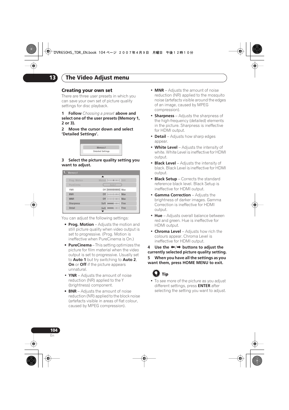 The video adjust menu 13, Creating your own set | Pioneer DVR-650H-S User Manual | Page 104 / 134