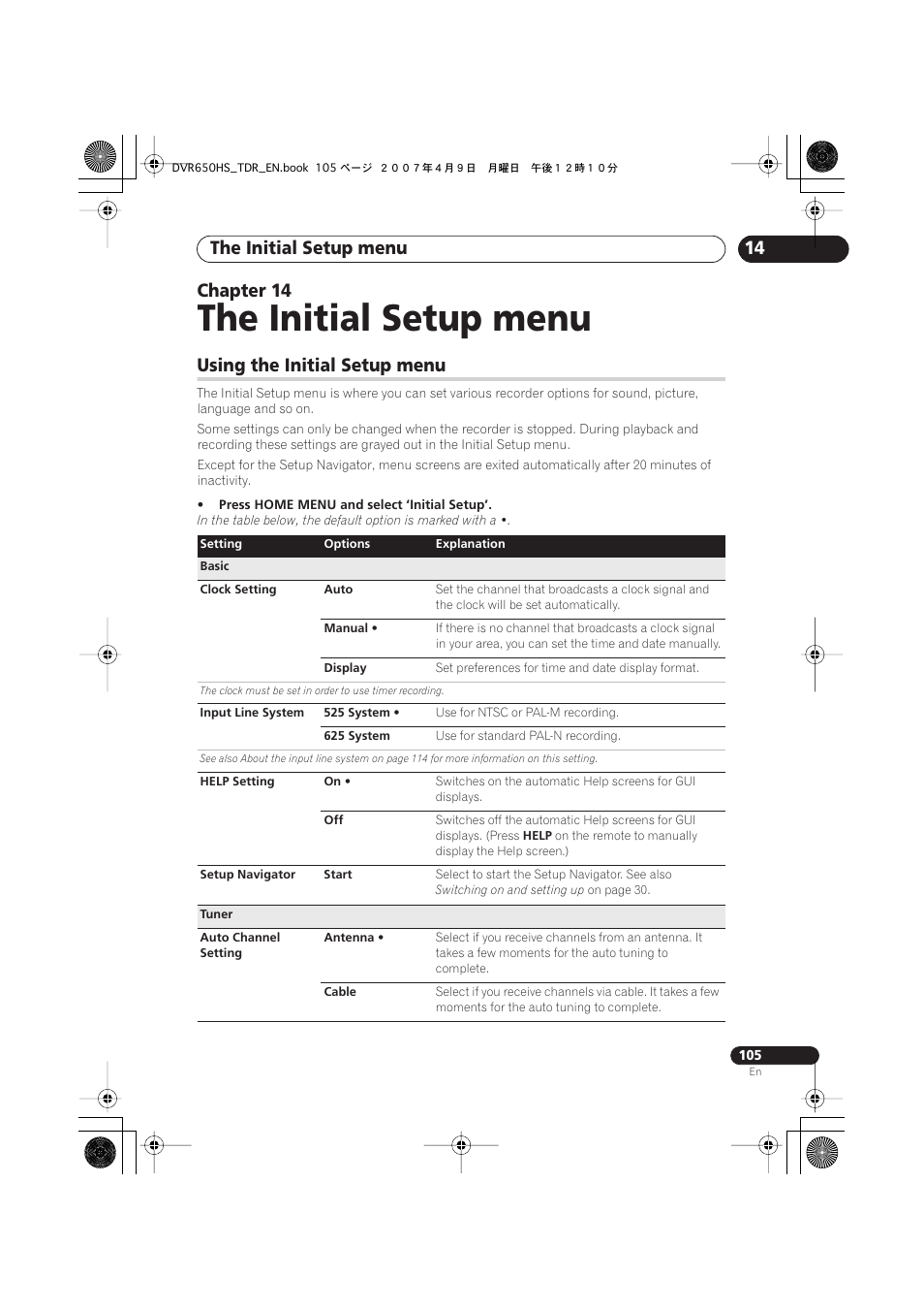 14 the initial setup menu, Using the initial setup menu, The initial setup menu | 14 chapter 14 | Pioneer DVR-650H-S User Manual | Page 105 / 134