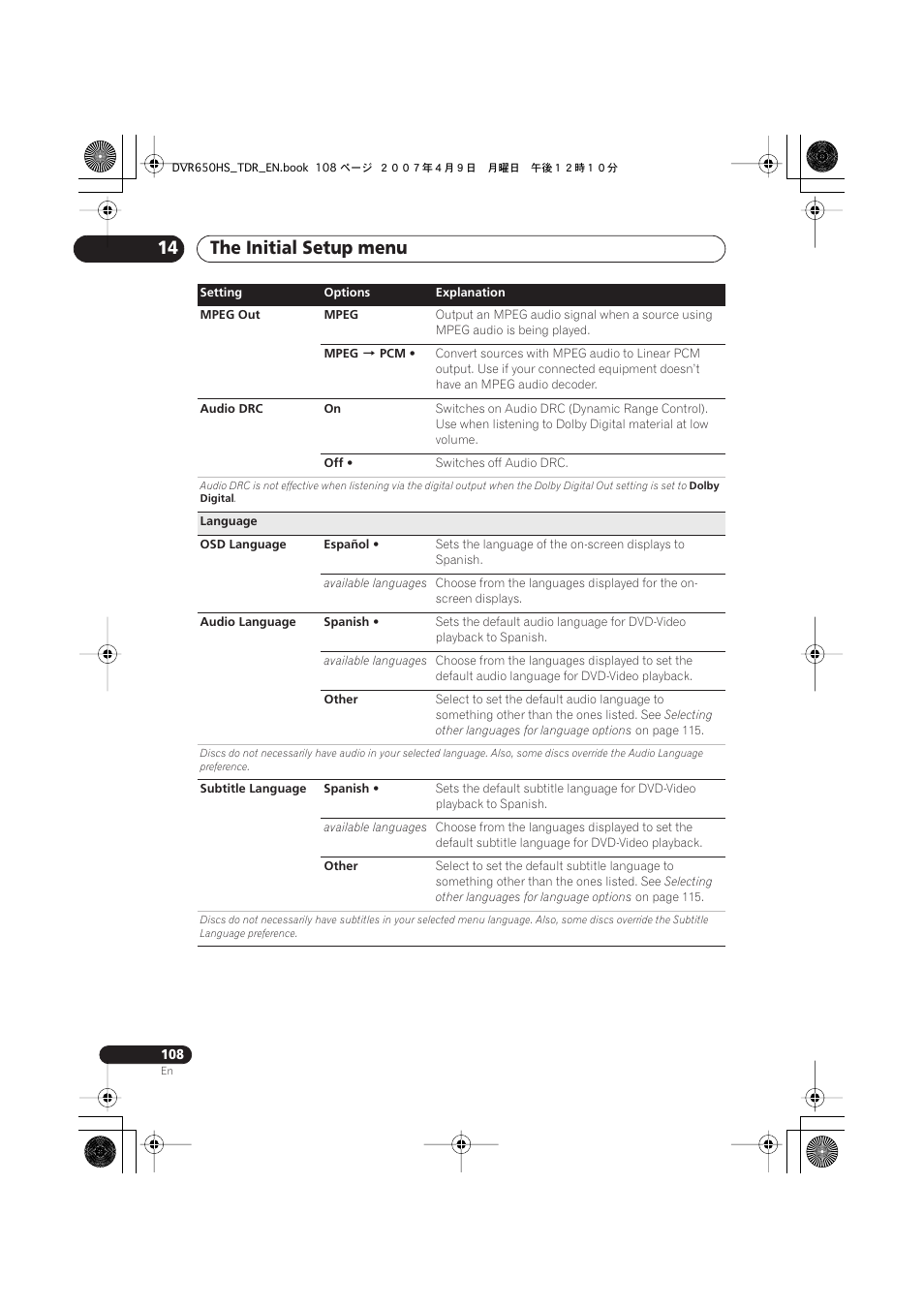 The initial setup menu 14 | Pioneer DVR-650H-S User Manual | Page 108 / 134