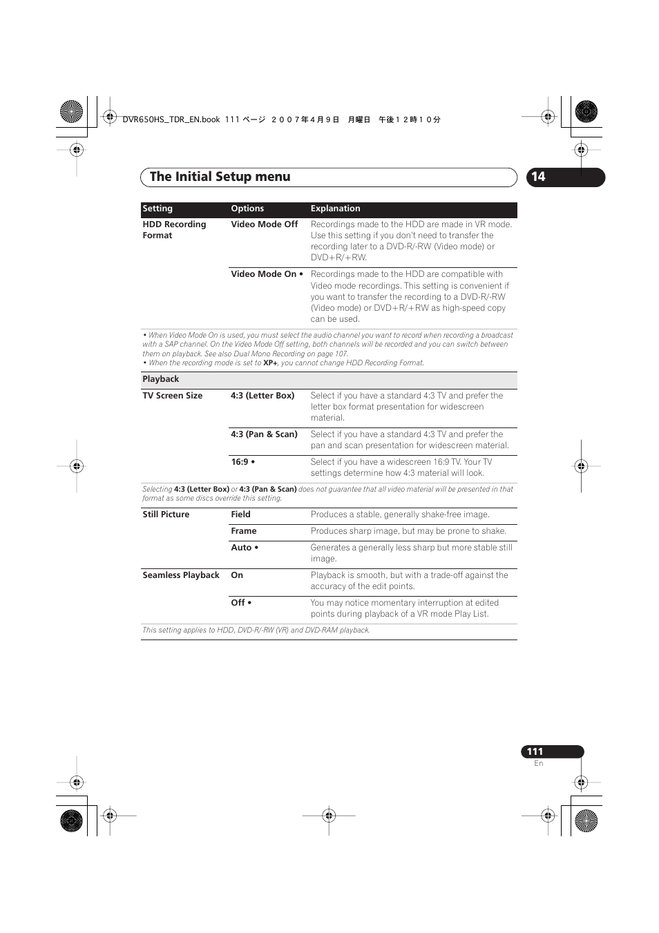 The initial setup menu | Pioneer DVR-650H-S User Manual | Page 111 / 134