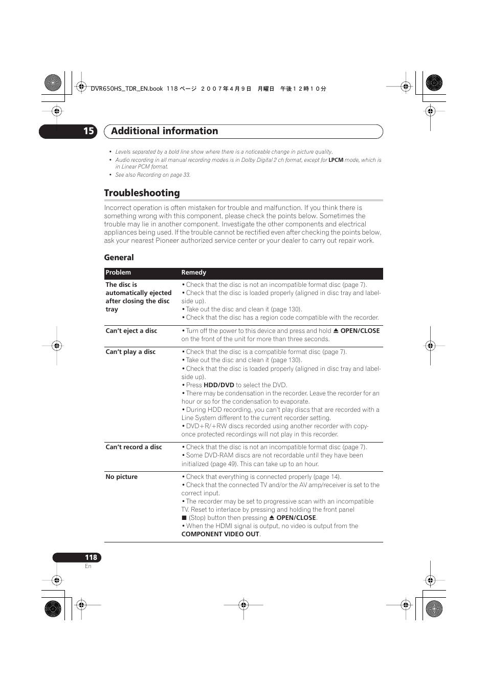 Troubleshooting, Additional information 15, General | Pioneer DVR-650H-S User Manual | Page 118 / 134