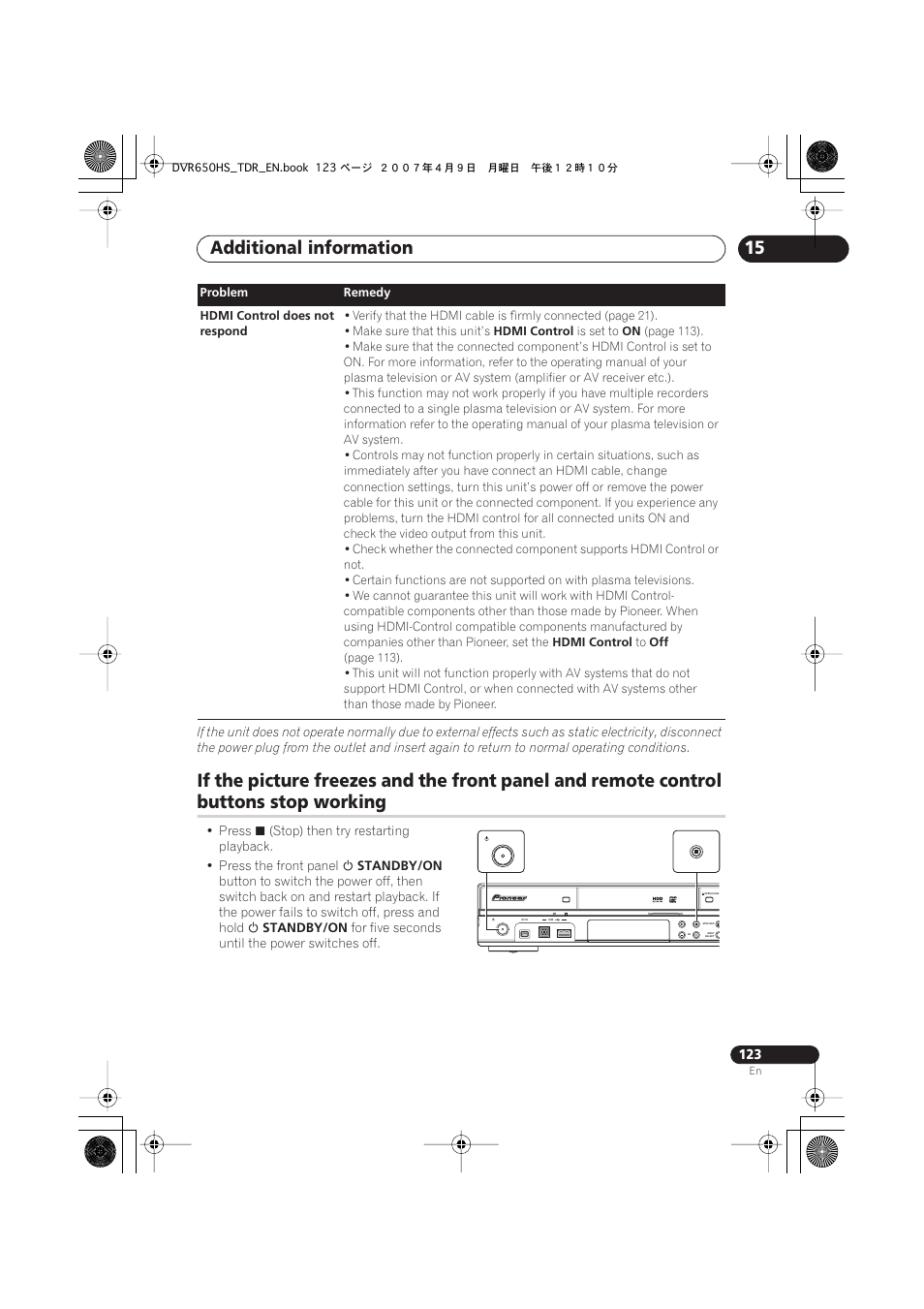 Additional information, Buttons stop working | Pioneer DVR-650H-S User Manual | Page 123 / 134