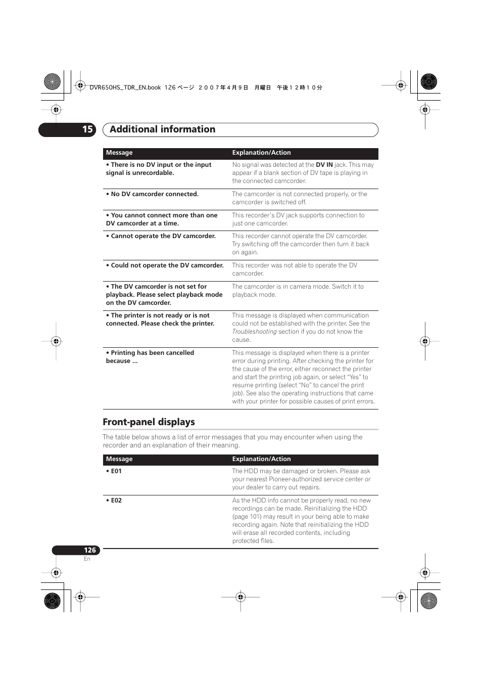 Front-panel displays, Additional information 15 | Pioneer DVR-650H-S User Manual | Page 126 / 134