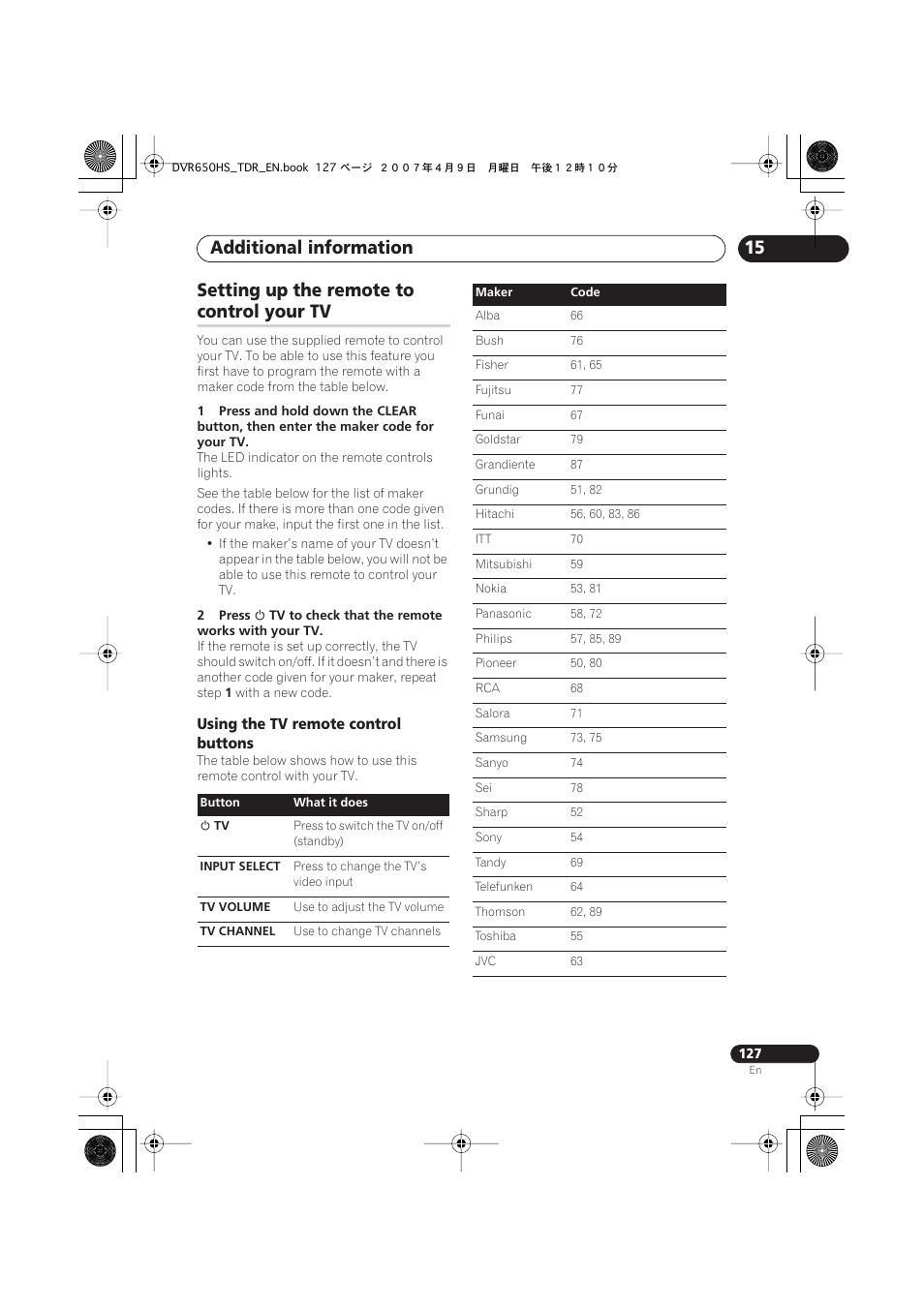 Setting up the remote to control your tv, Additional information, 15 setting up the remote to | Control your tv | Pioneer DVR-650H-S User Manual | Page 127 / 134