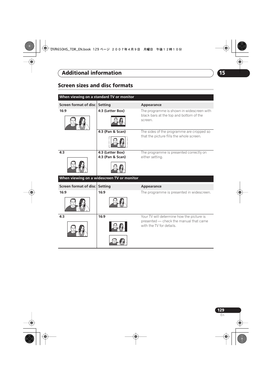 Screen sizes and disc formats, Additional information | Pioneer DVR-650H-S User Manual | Page 129 / 134