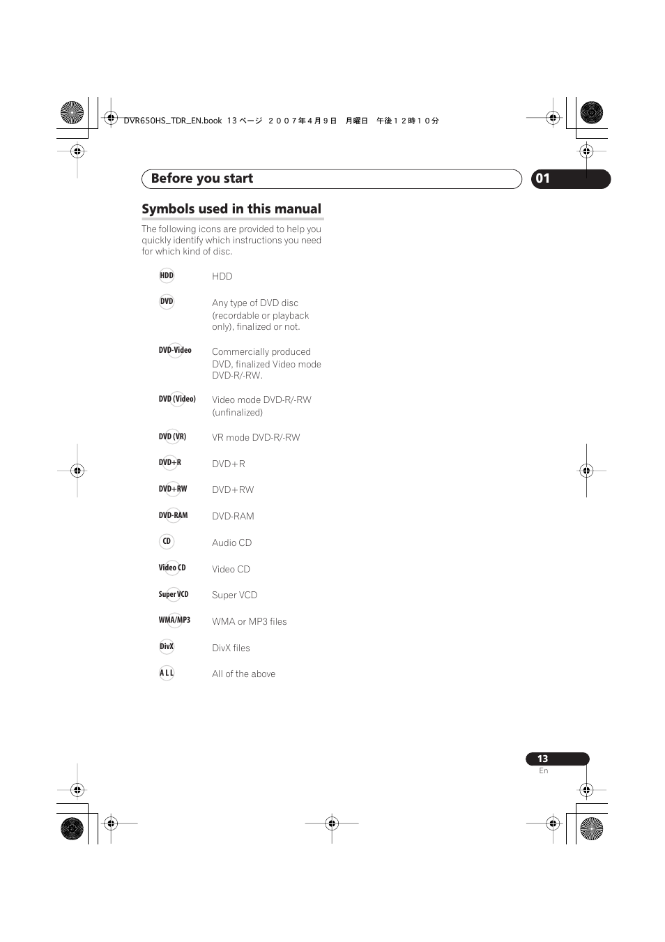 Symbols used in this manual, Before you start | Pioneer DVR-650H-S User Manual | Page 13 / 134