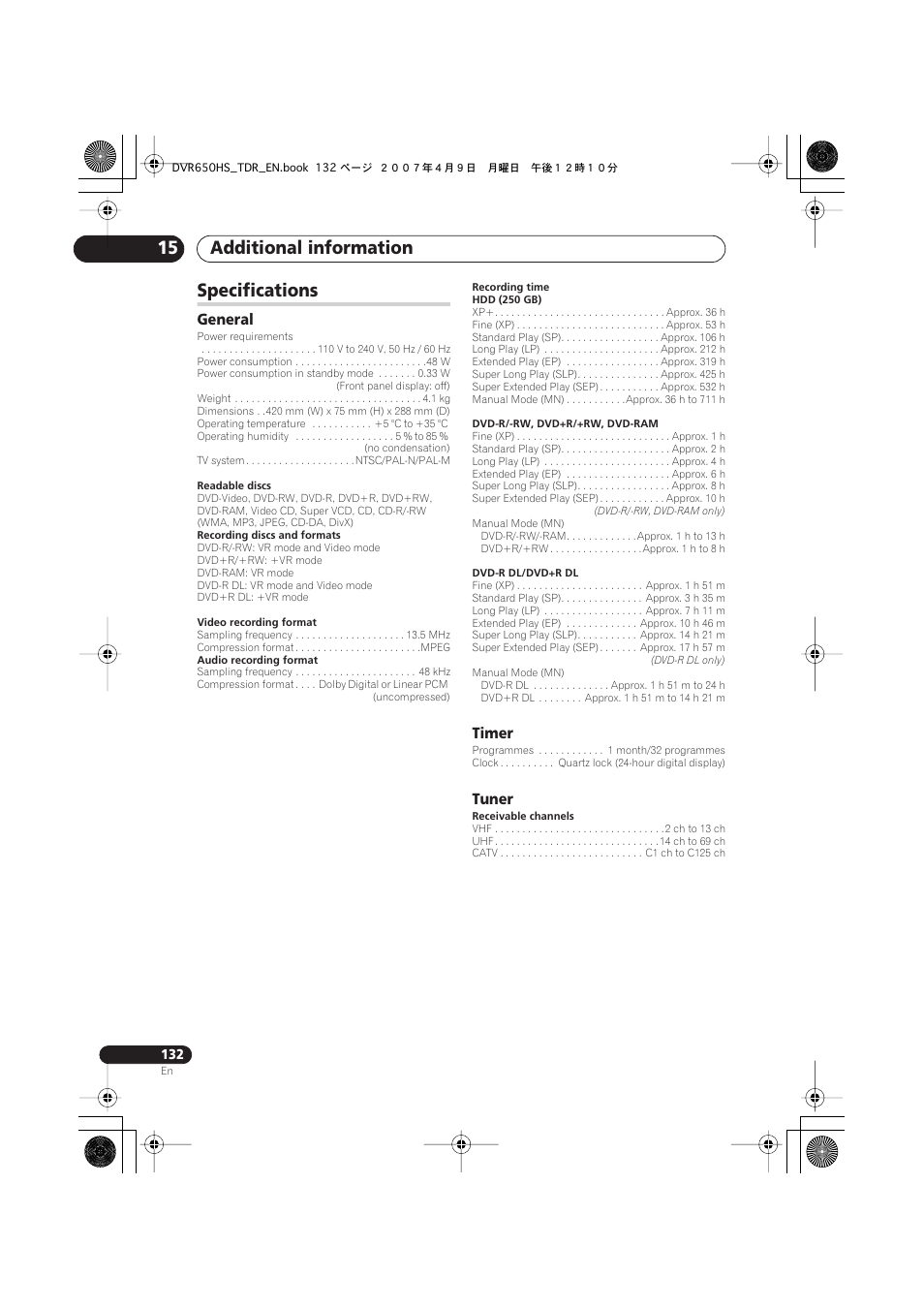 Specifications, Additional information 15, General | Timer, Tuner | Pioneer DVR-650H-S User Manual | Page 132 / 134